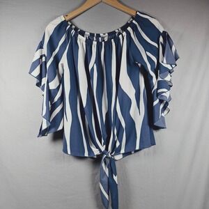Tyche Blue White Zebra Print Off Shoulder Ruffle Sleeve Tie Front Top S T-3648